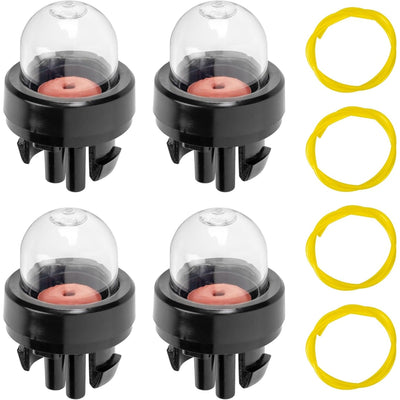 Set of four primer bulbs and yellow fuel lines for Husqvarna trimmers and chainsaws.