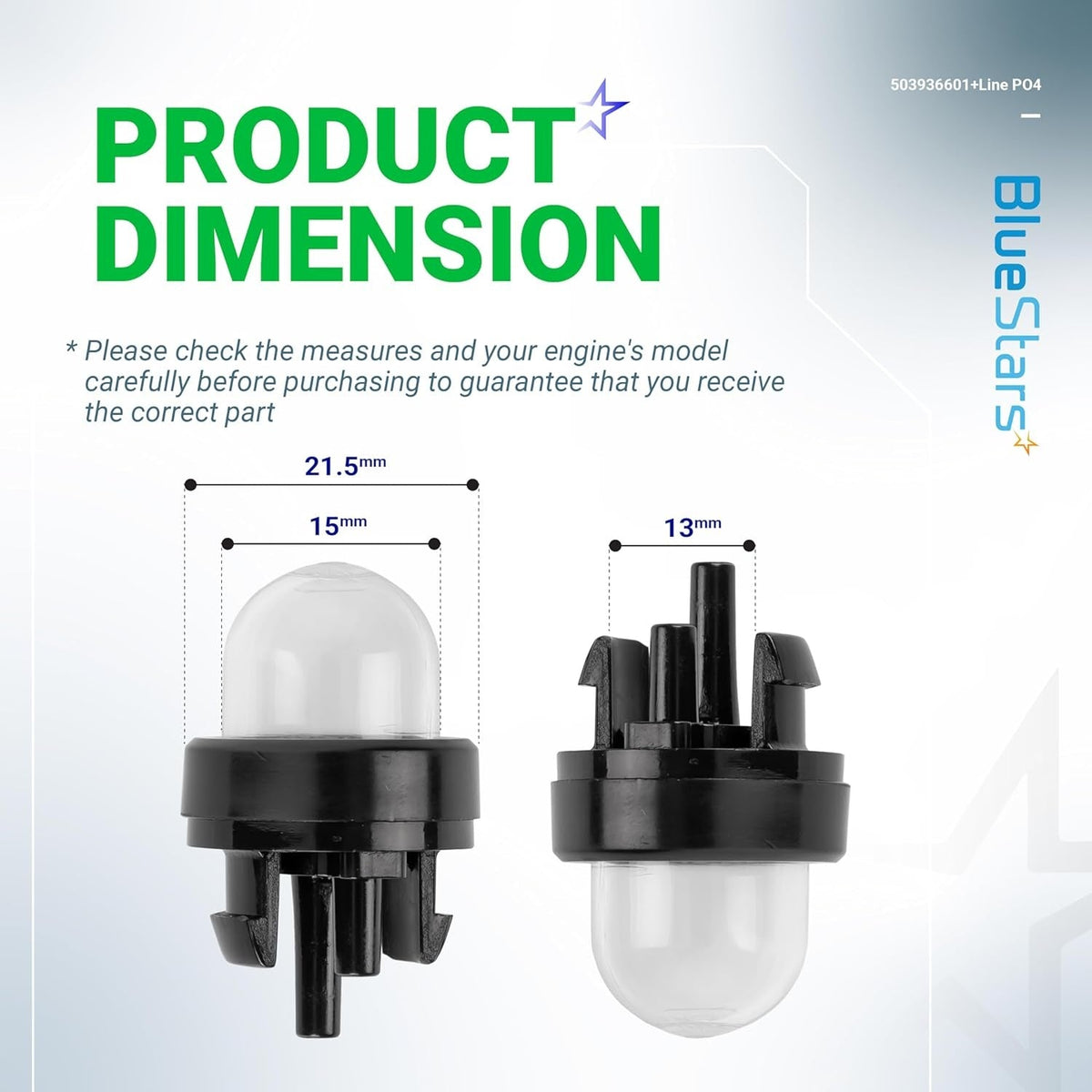 Dimensional diagram showing measurements for 503936601 primer bulb compatible with Husqvarna trimmers and chainsaws.