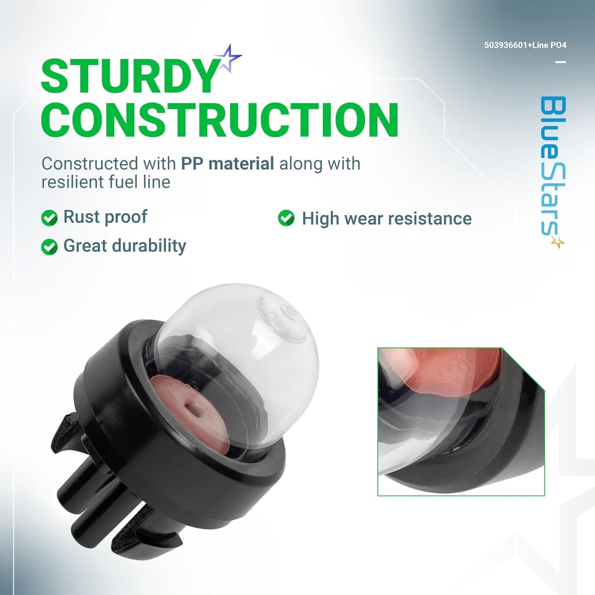 Close-up of 503936601 primer bulb for Husqvarna trimmers and chainsaws, highlighting durable PP construction.