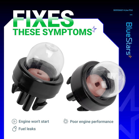 Two replacement primer bulbs for Husqvarna trimmers and chainsaws to fix engine starting and fuel leak issues.