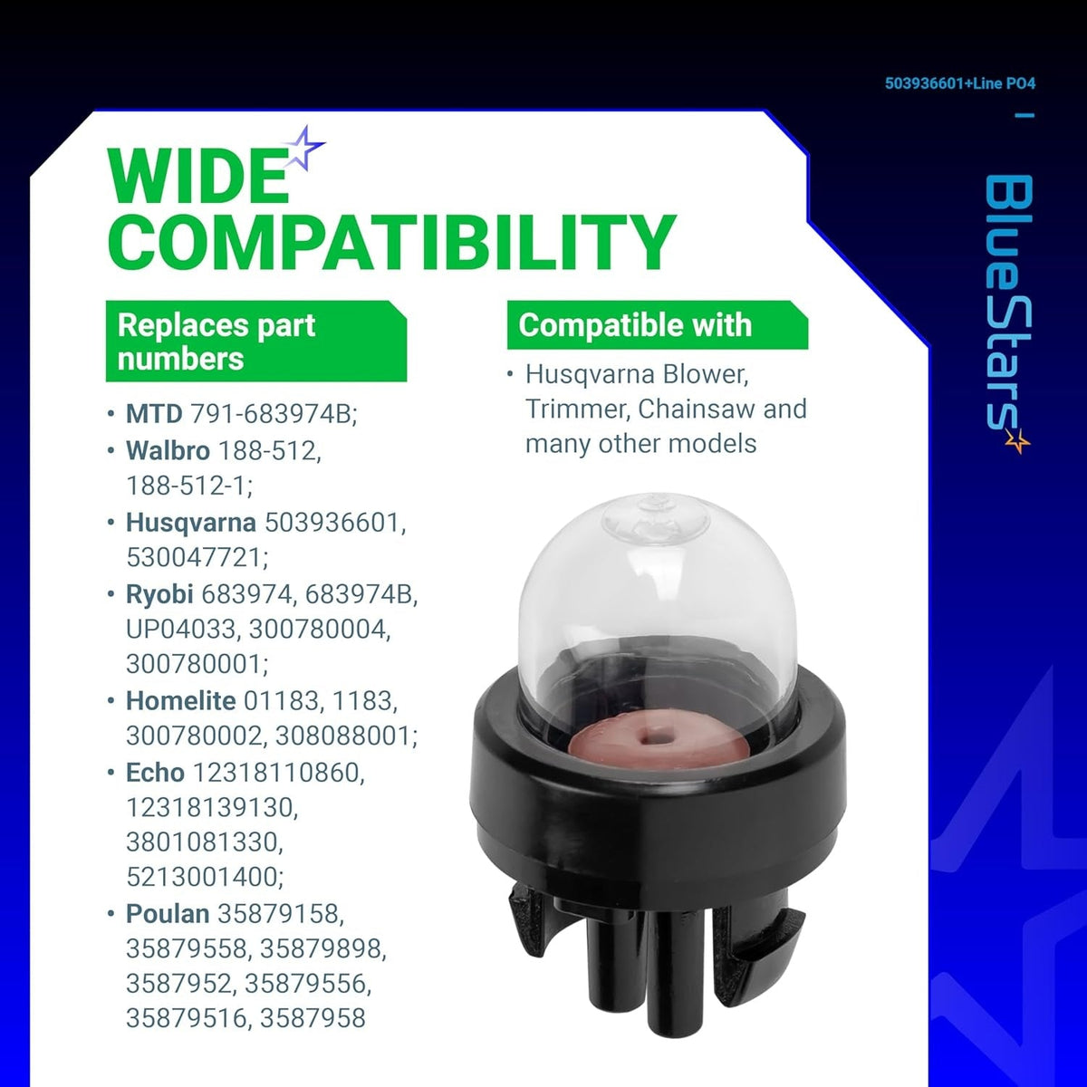 Close-up of a 188-512 primer bulb replacement part for Husqvarna trimmers and chainsaws with compatibility chart.