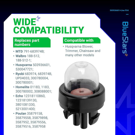 Close-up of a 188-512 primer bulb replacement part for Husqvarna trimmers and chainsaws with compatibility chart.
