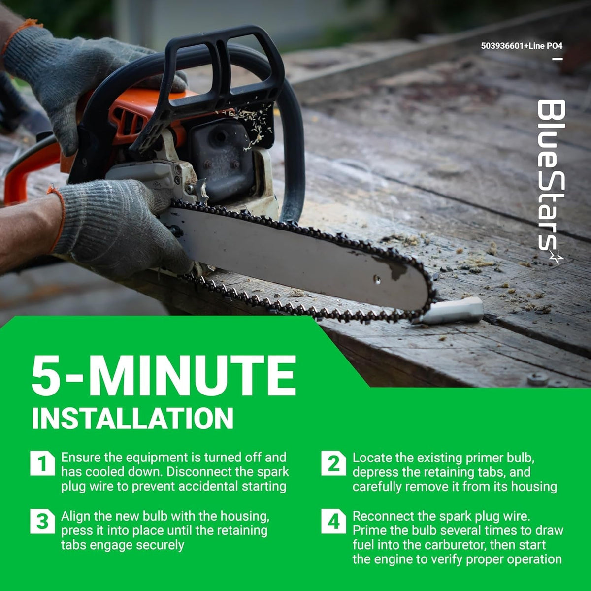 Instructional graphic showing 5-minute installation steps for a Husqvarna chainsaw primer bulb and fuel line kit.