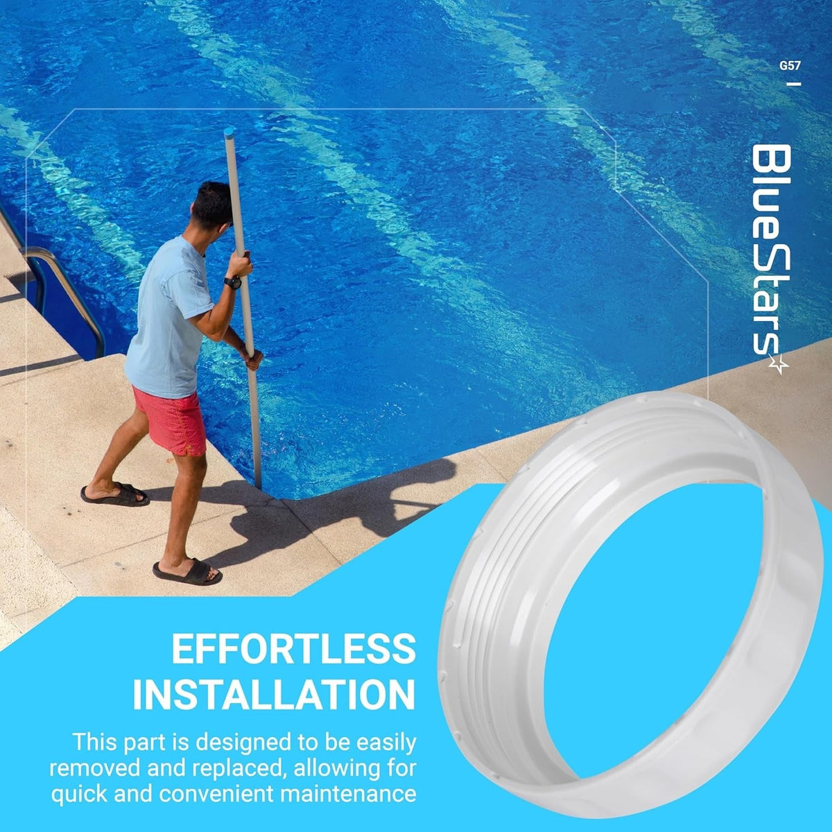 White G57 back-up valve collar replacement ring for Polaris pool cleaners with effortless installation graphic.