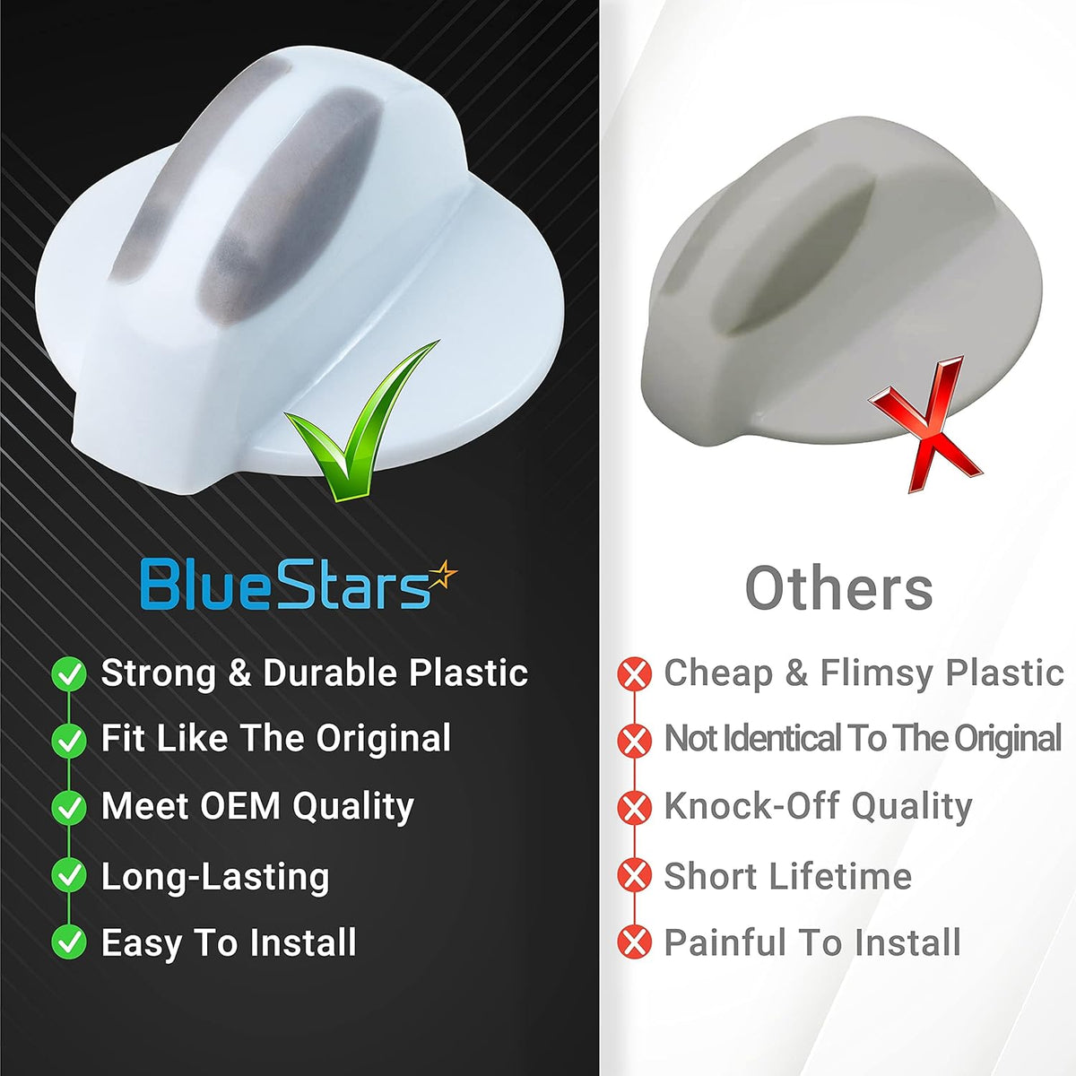 Comparison chart showing 134844410 washer and dryer selector knob quality versus generic alternatives.