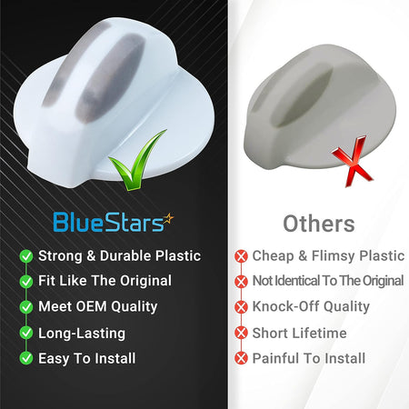 Comparison chart showing 134844410 washer and dryer selector knob quality versus generic alternatives.