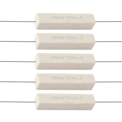 Five 25W 30 ohm ceramic cement resistors arranged in a vertical row.