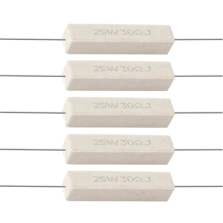Five 25W 30 ohm ceramic cement resistors arranged in a vertical row.