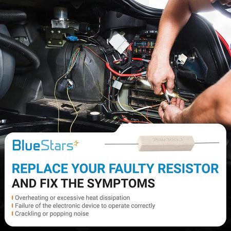 Single 25W 30 ohm ceramic cement resistor shown in an instructional graphic for automotive electrical repair.