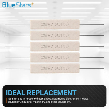 Set of five 25W 30 ohm ceramic cement resistors with wire leads arranged horizontally.