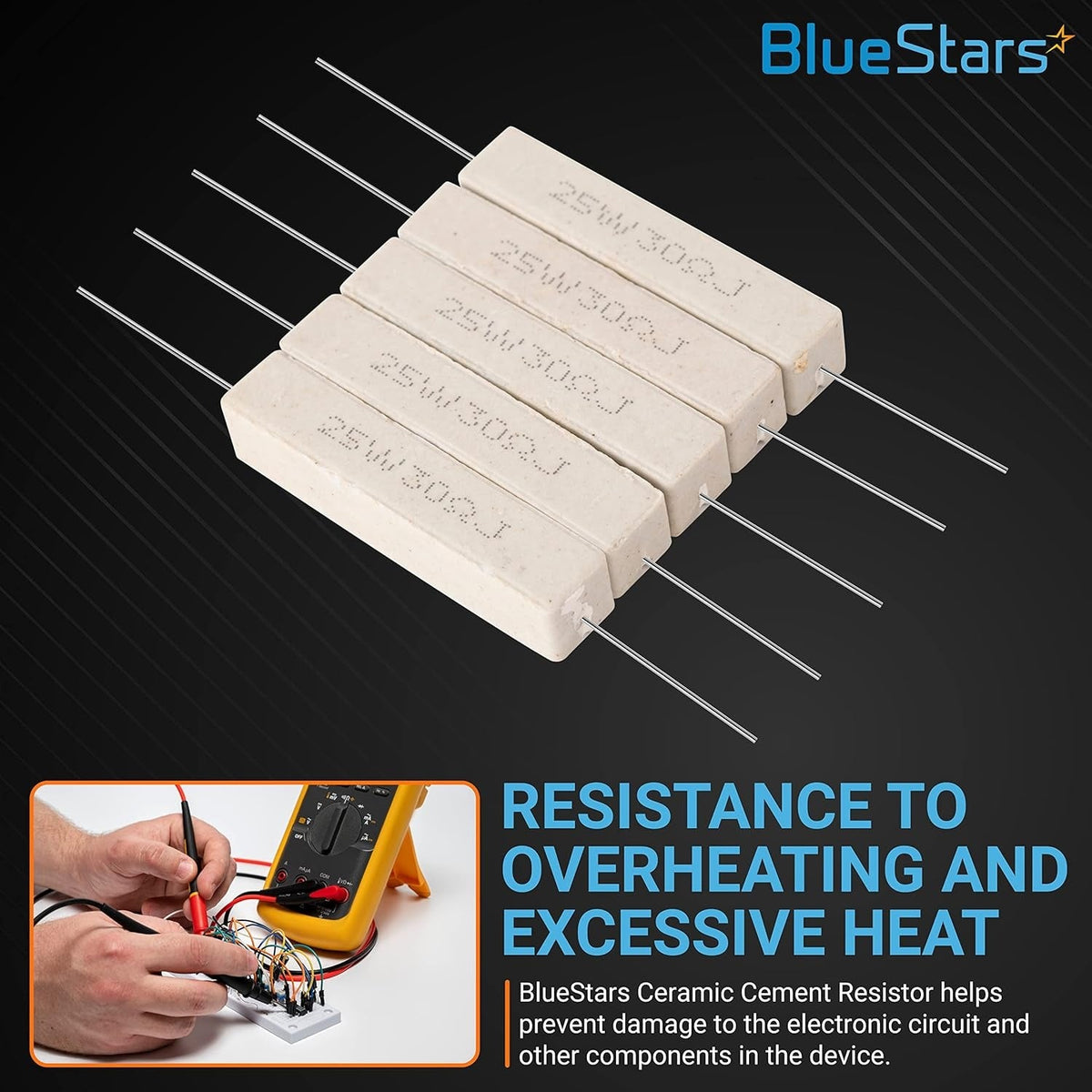 Five 25W 30 ohm ceramic cement resistors arranged in a row with an inset showing a multimeter testing a circuit.
