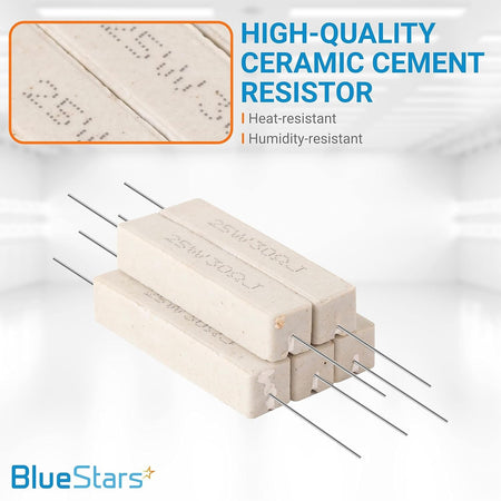 Stack of five 25W 30 ohm ceramic cement resistors with wire leads.