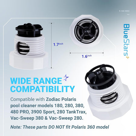 9-100-9002 pressure relief valve replacement parts for Zodiac Polaris pool cleaners with dimensions shown.