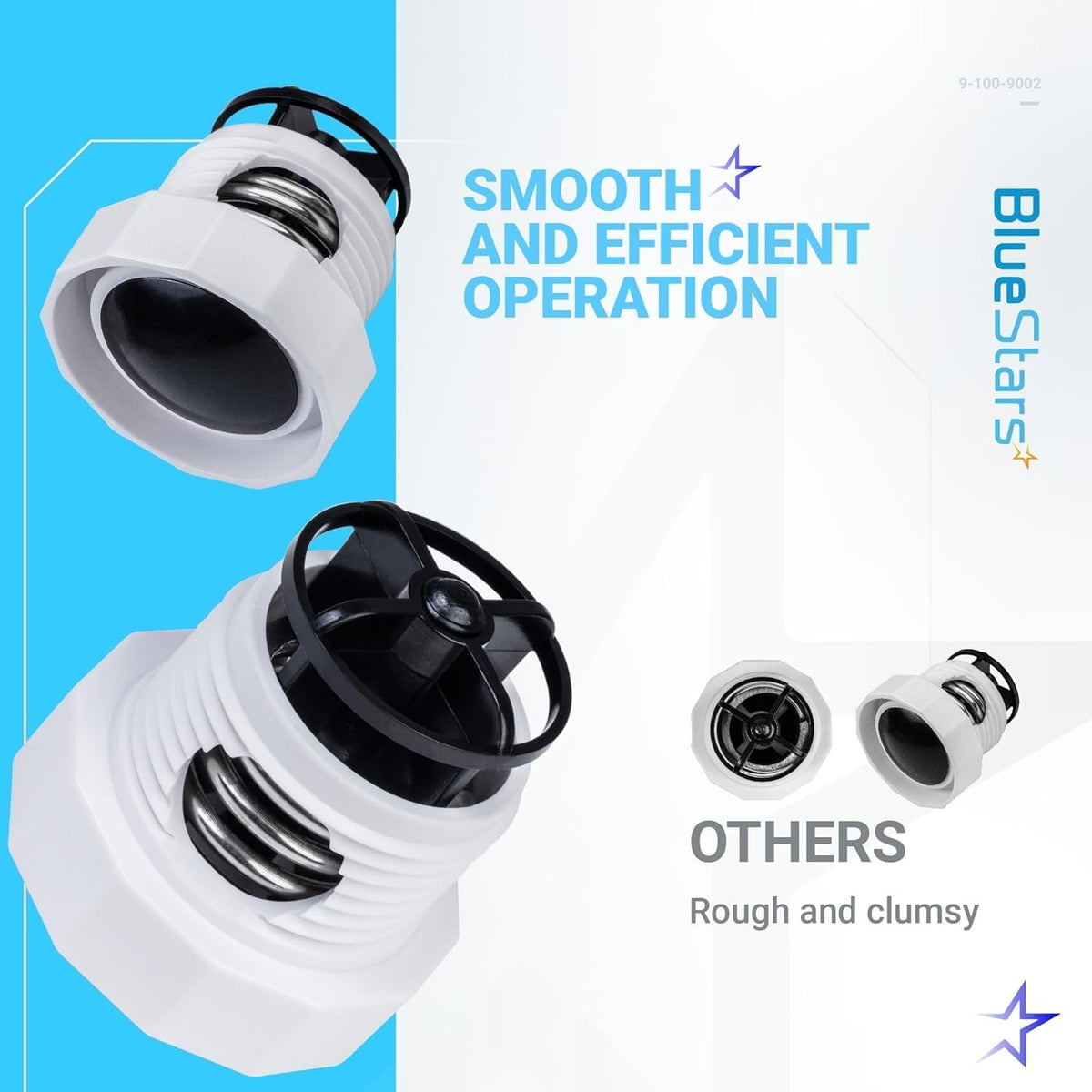 Close-up of 9-100-9002 pressure relief valve replacement parts showing smooth design compared to others.