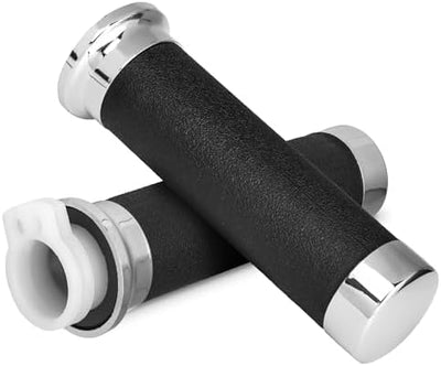 Pair of black and chrome 25mm throttle hand grips for Honda motorcycles.