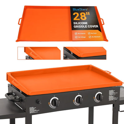 Orange 28-inch silicone griddle cover shown as a standalone mat and installed on a black outdoor gas griddle.