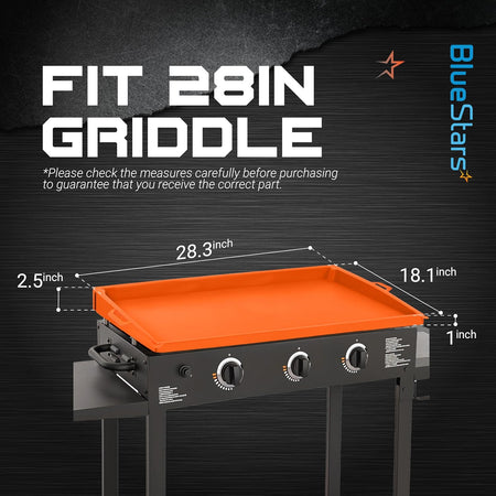Orange 28-inch silicone griddle cover showing dimensions on a black outdoor griddle.