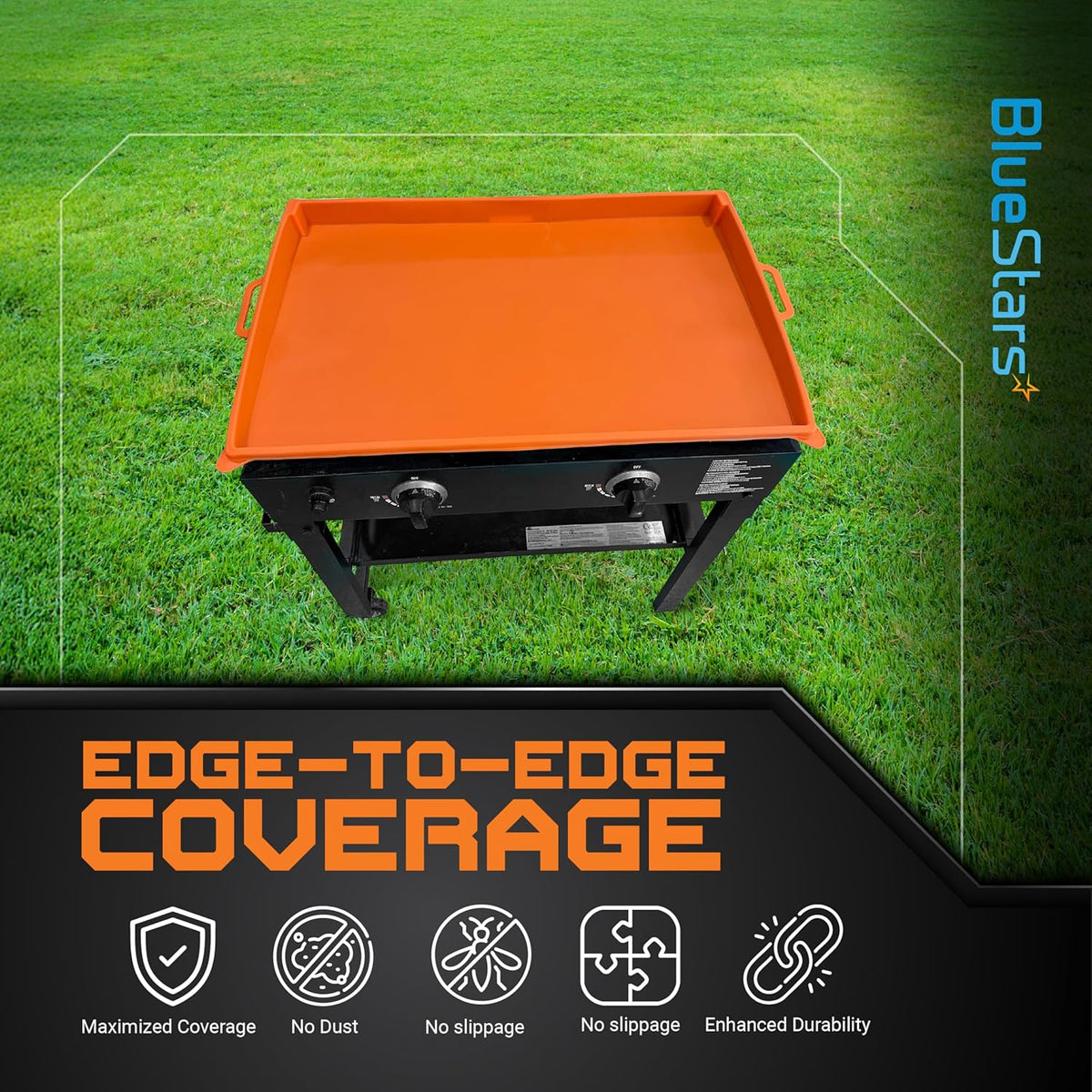 Orange 28-inch silicone griddle cover providing edge-to-edge protection on a grill, featuring durability icons.