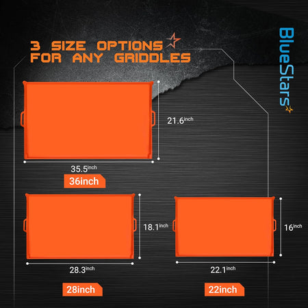Comparison chart showing dimensions for 22-inch, 28-inch, and 36-inch silicone griddle covers.