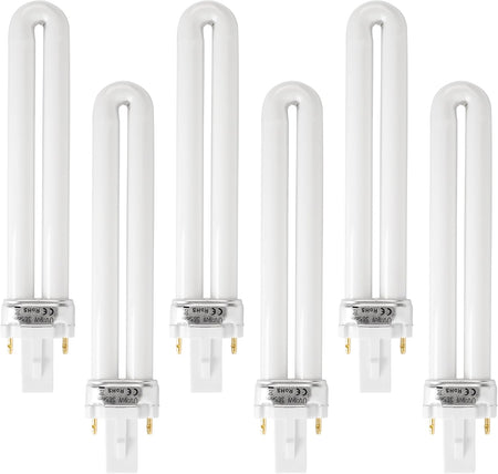 Pack of six 21050 U-shape 2-pin base 9W UV light bulbs for nail lamps.
