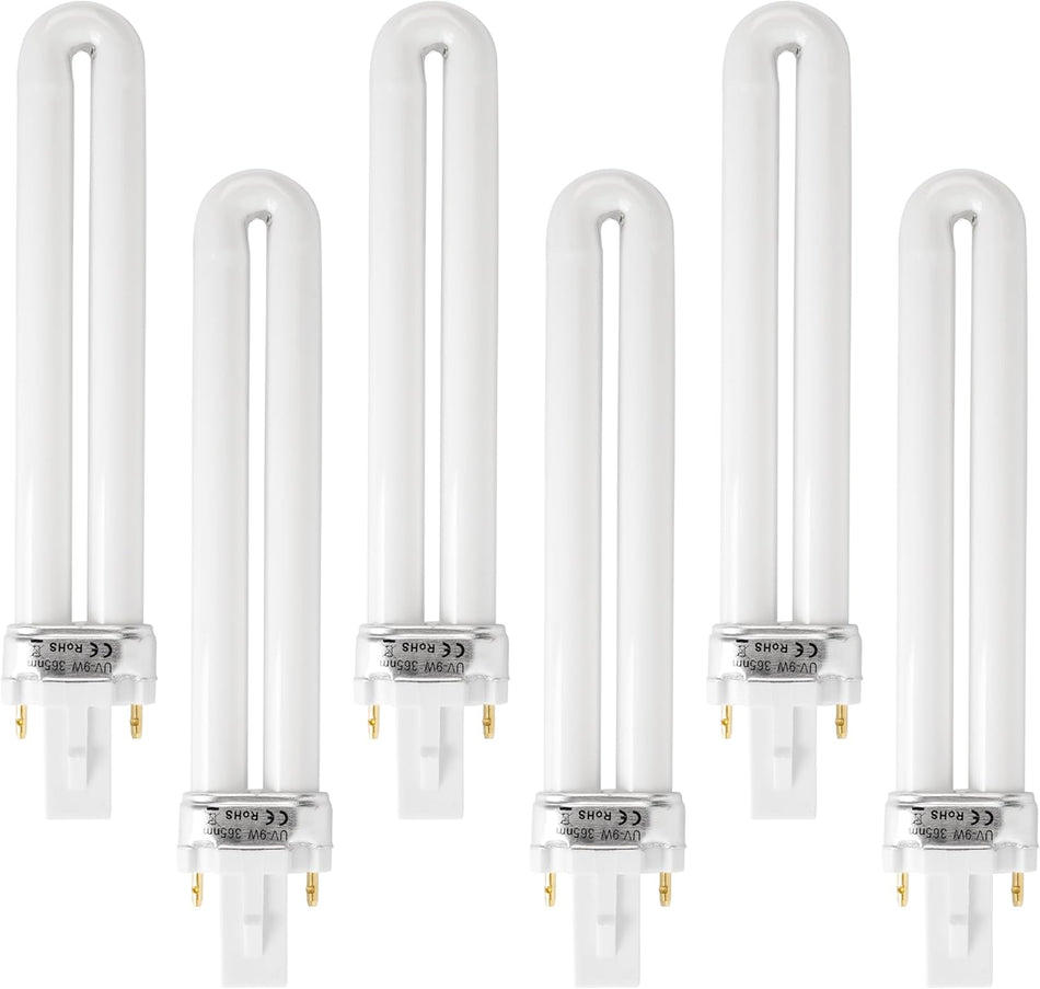 Pack of six 21050 U-shape 2-pin base 9W UV light bulbs for nail lamps.