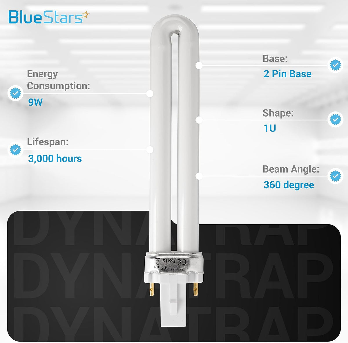 Single 21050 U-shape 9W UV light bulb with 2-pin base and technical specification labels.