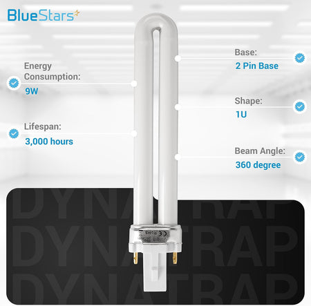 Single 21050 U-shape 9W UV light bulb with 2-pin base and technical specification labels.