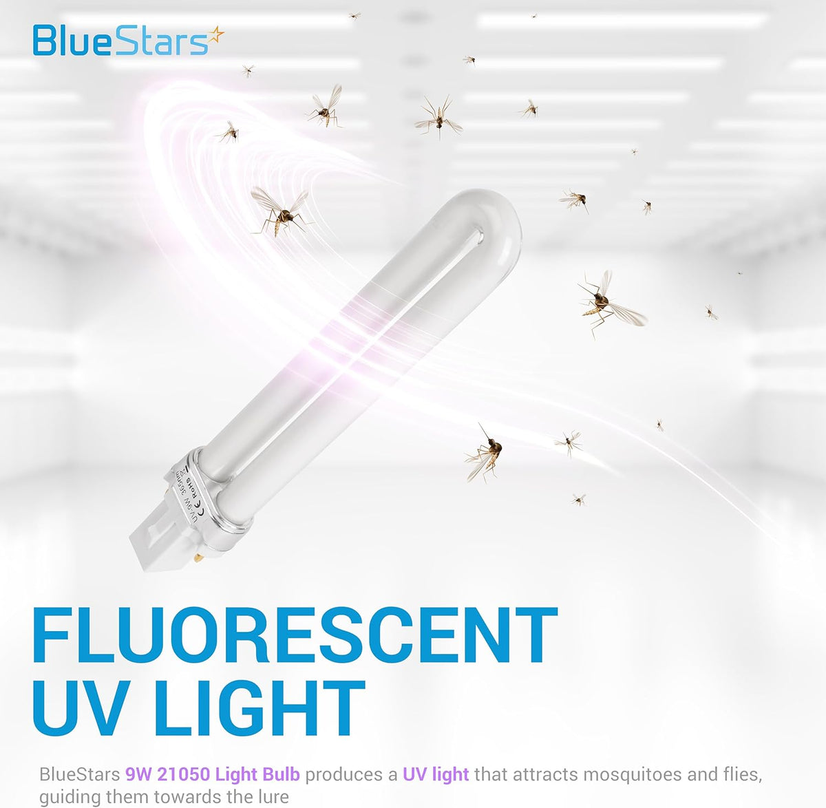 Single 21050 U-shape 2-pin base UV light bulb attracting insects in a bright room.
