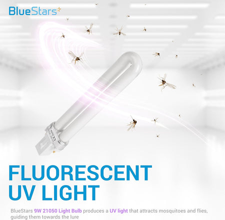 Single 21050 U-shape 2-pin base UV light bulb attracting insects in a bright room.