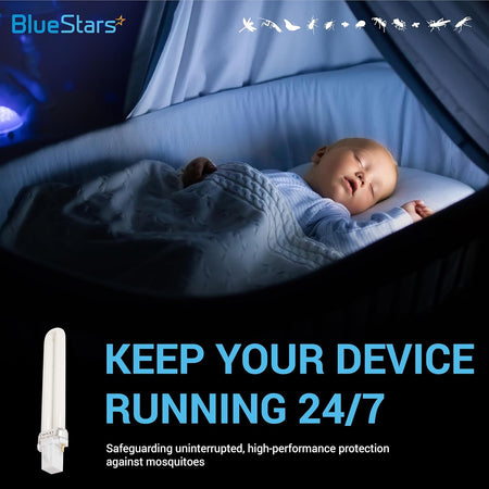 U-shape 2-pin base UV light bulb for mosquito trap device with sleeping baby background.