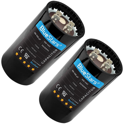 Two 88-108 uF 330 VAC round motor start capacitors with BlueStars branding and terminal connectors.