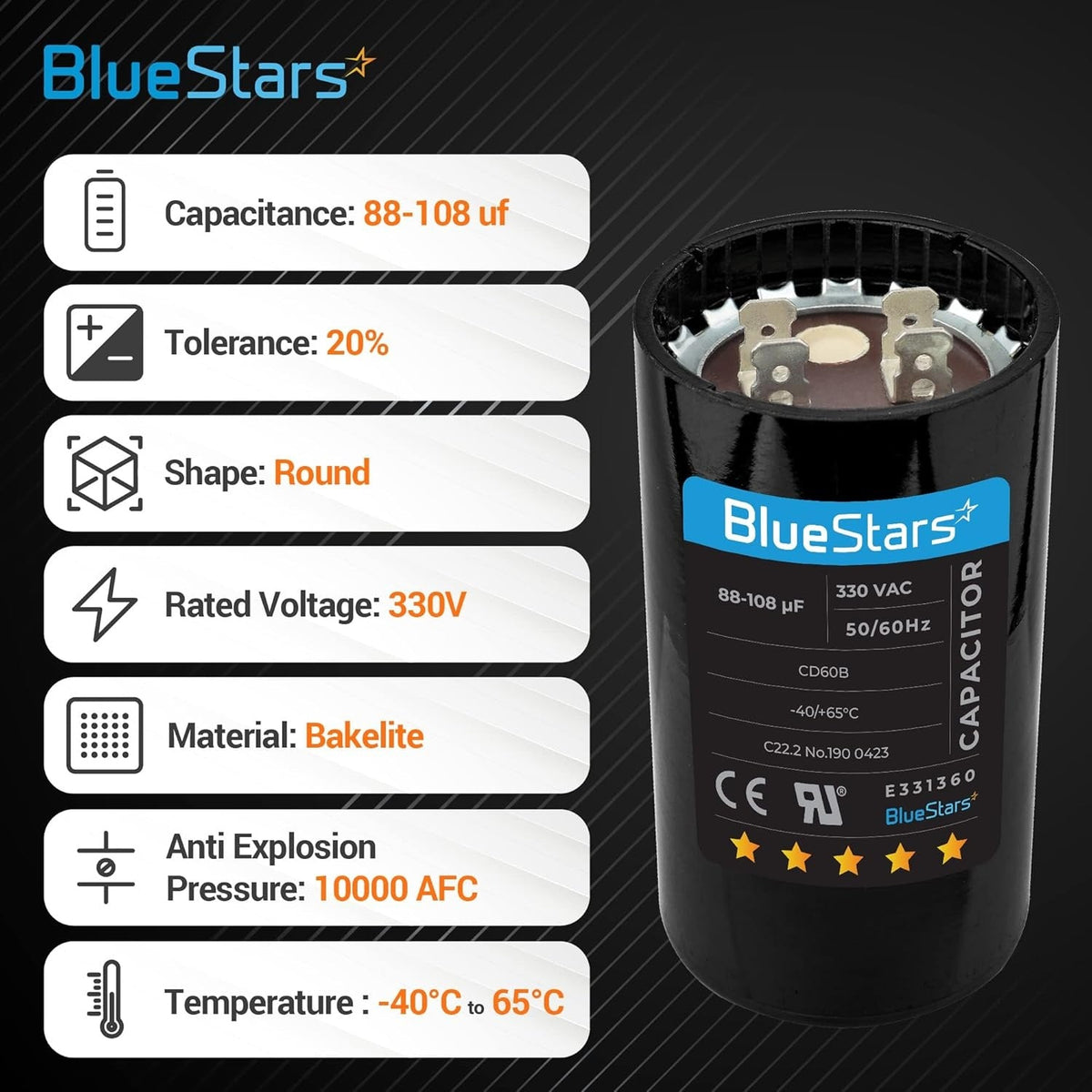 Single round 88-108 uF 330 VAC motor start capacitor with technical specification infographic.