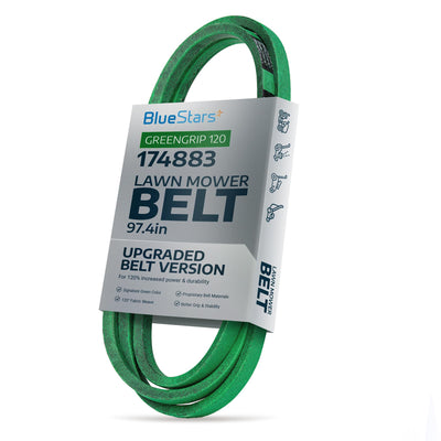 Green 174883 mower deck drive belt in BlueStars branded packaging for 42-inch lawn mower decks.