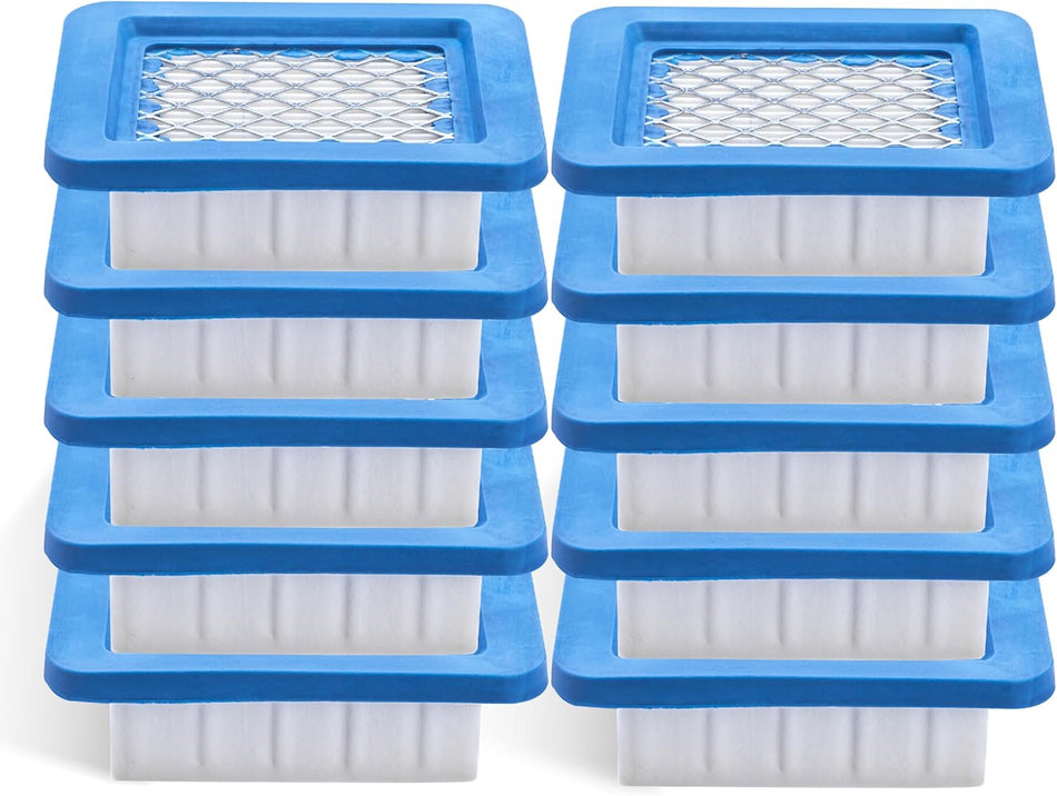 Pack of 10 replacement air filters for Echo leaf blowers, featuring blue rubber frames and white pleated filter media.