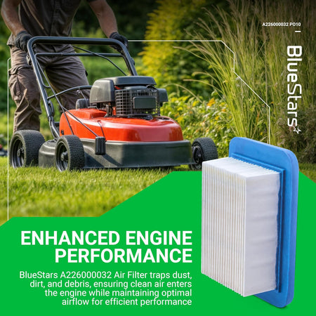 BlueStars A226000032 replacement air filter for Echo leaf blowers, shown as a single unit with engine performance text.