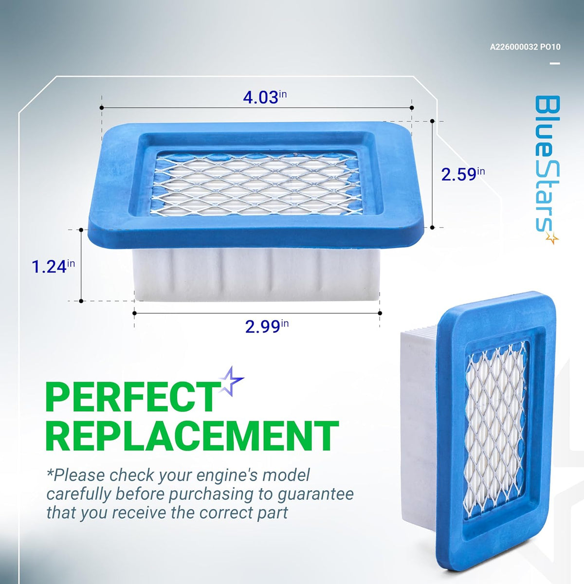 PB-580T A226000032 air filter replacement with dimension labels showing height, width, and depth measurements.
