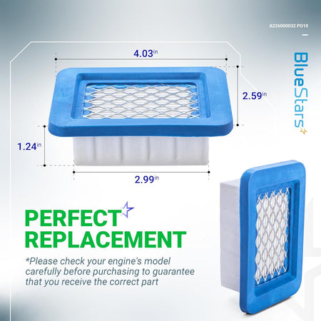 PB-580T A226000032 air filter replacement with dimension labels showing height, width, and depth measurements.