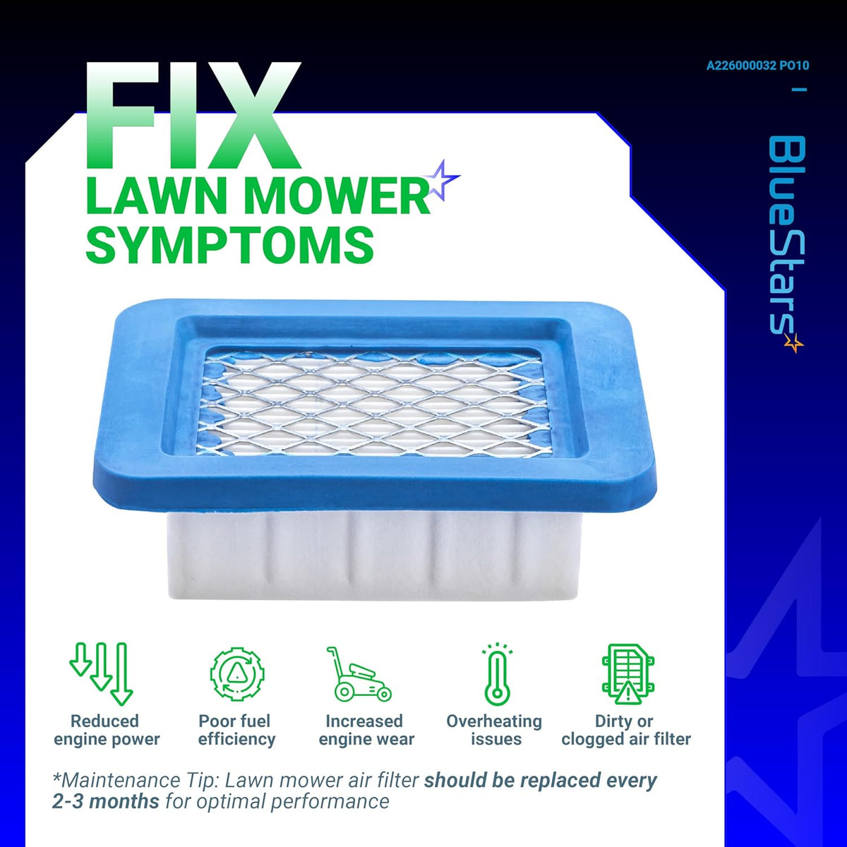 Replacement air filter for Echo leaf blowers, A226000032, shown with maintenance symptoms infographic.