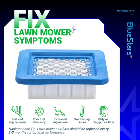 Replacement air filter for Echo leaf blowers, A226000032, shown with maintenance symptoms infographic.