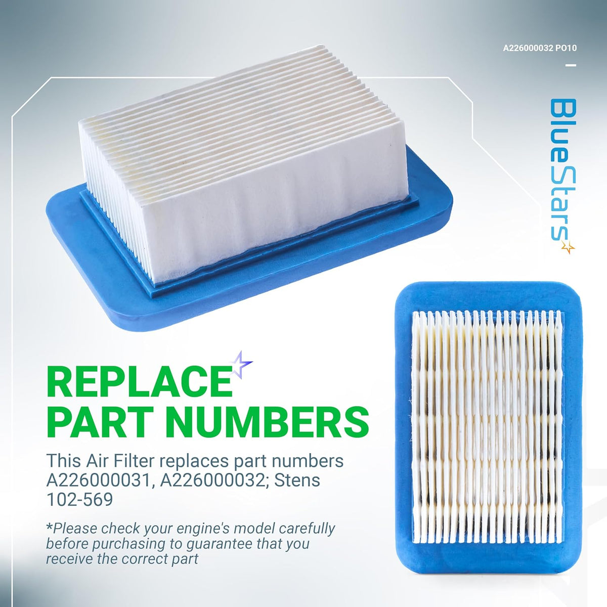 Replacement air filter for Echo leaf blowers, showing top and side views of the pleated filter element.