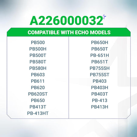 Compatibility chart for A226000032 air filter listing compatible Echo leaf blower models.