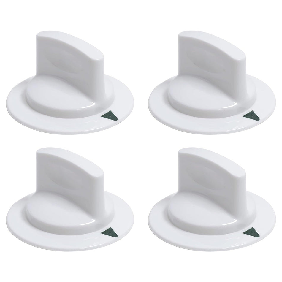 Set of four white WE1M652 dryer timer control knobs for GE and Hotpoint dryers.