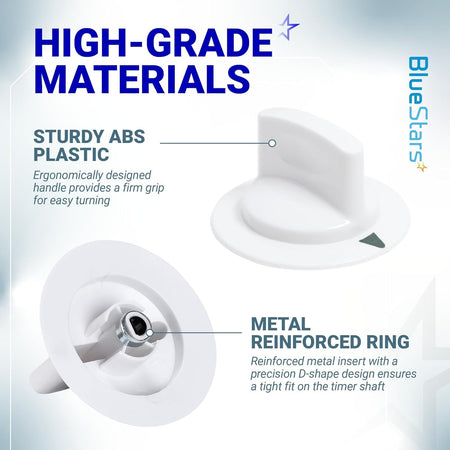 Infographic showing WE1M652 dryer timer knob construction with ABS plastic handle and metal reinforced D-shape insert.