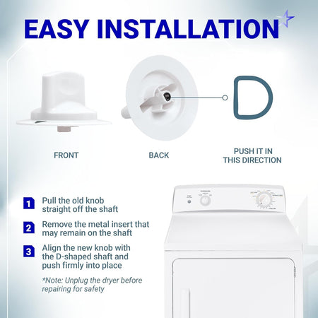 Installation guide for WE1M652 dryer timer control knob showing D-shaped shaft alignment and step-by-step instructions.