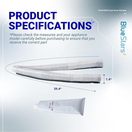 W10612022 dryer rear drum felt seal with dimensions and adhesive glue tube for Whirlpool and Maytag dryers.