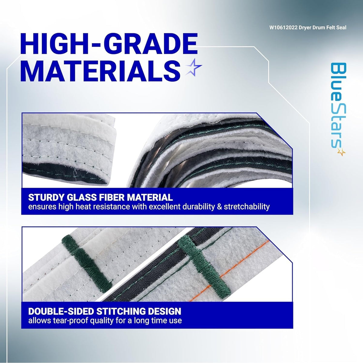 Close-up of W10612022 dryer rear drum felt seal showing glass fiber material and double-sided stitching design.