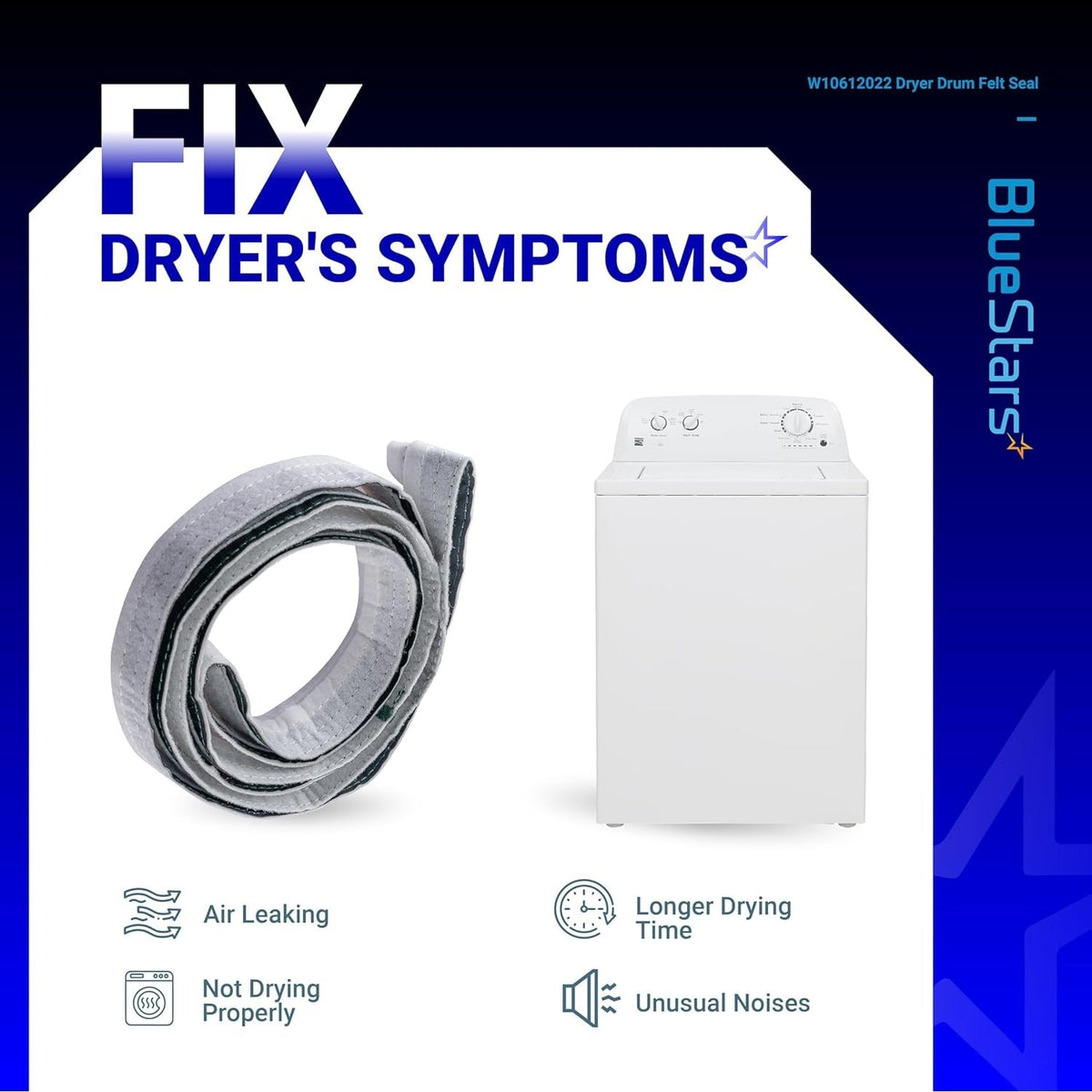 W10612022 dryer rear drum felt seal kit showing common dryer repair symptoms and compatibility.