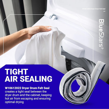 W10612022 dryer rear drum felt seal coiled for replacement in Whirlpool, Maytag, and Kenmore dryers.