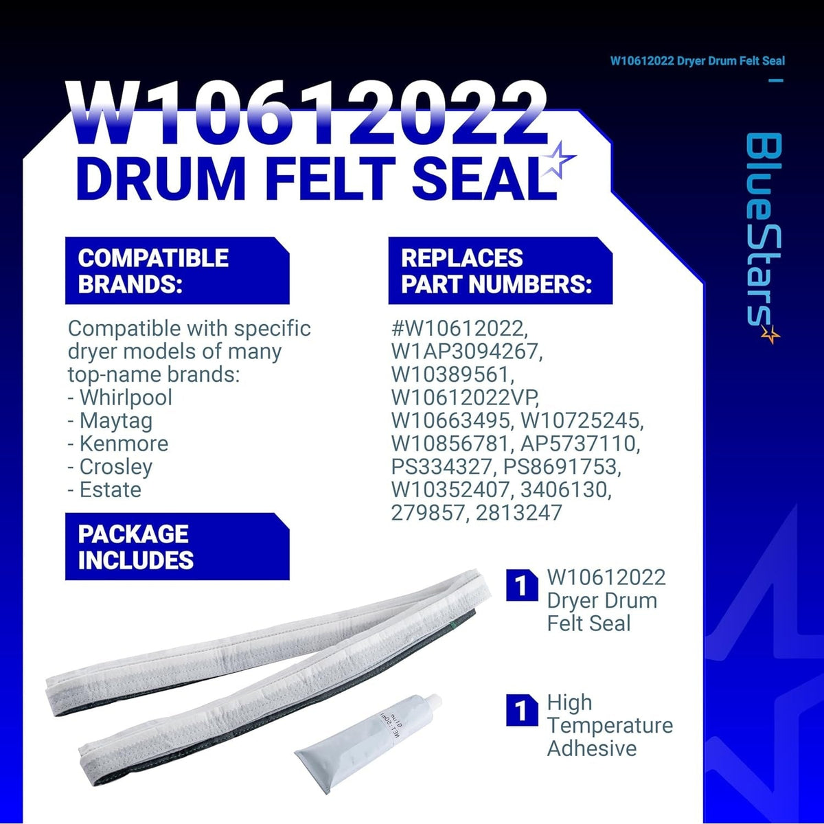 W10612022 dryer rear drum felt seal kit with adhesive for Whirlpool, Maytag, and Kenmore dryers.