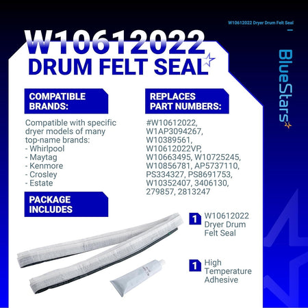 W10612022 dryer rear drum felt seal kit with adhesive for Whirlpool, Maytag, and Kenmore dryers.